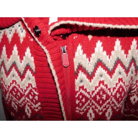 Eddie Bauer Women L Red Tan Fair Isle Full Zip Cardigan Sweater Convertible neck - Picture 11 of 15